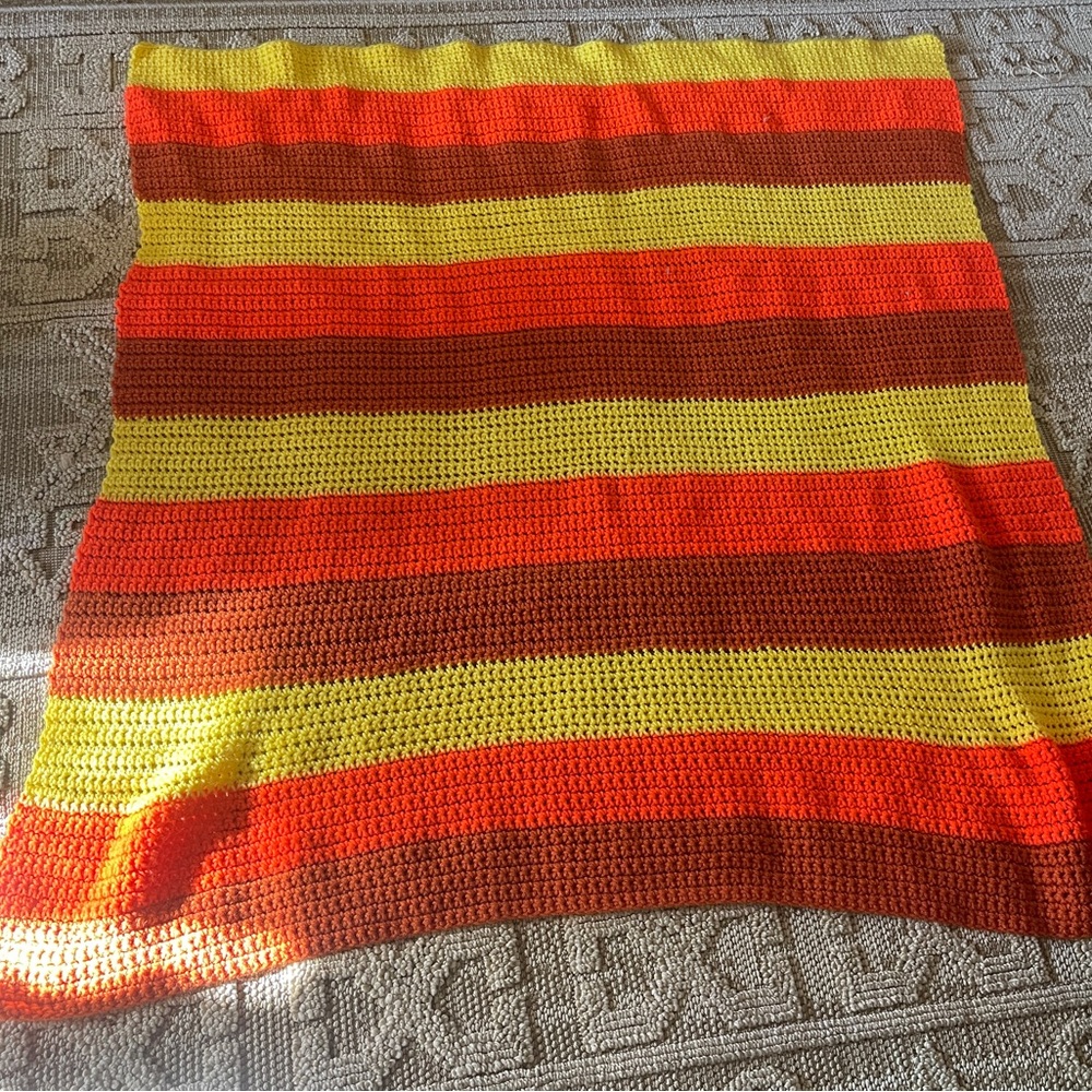 Vintage Afghan Throw Blanket  Granny Square Orange Yellow Red 36x48”
